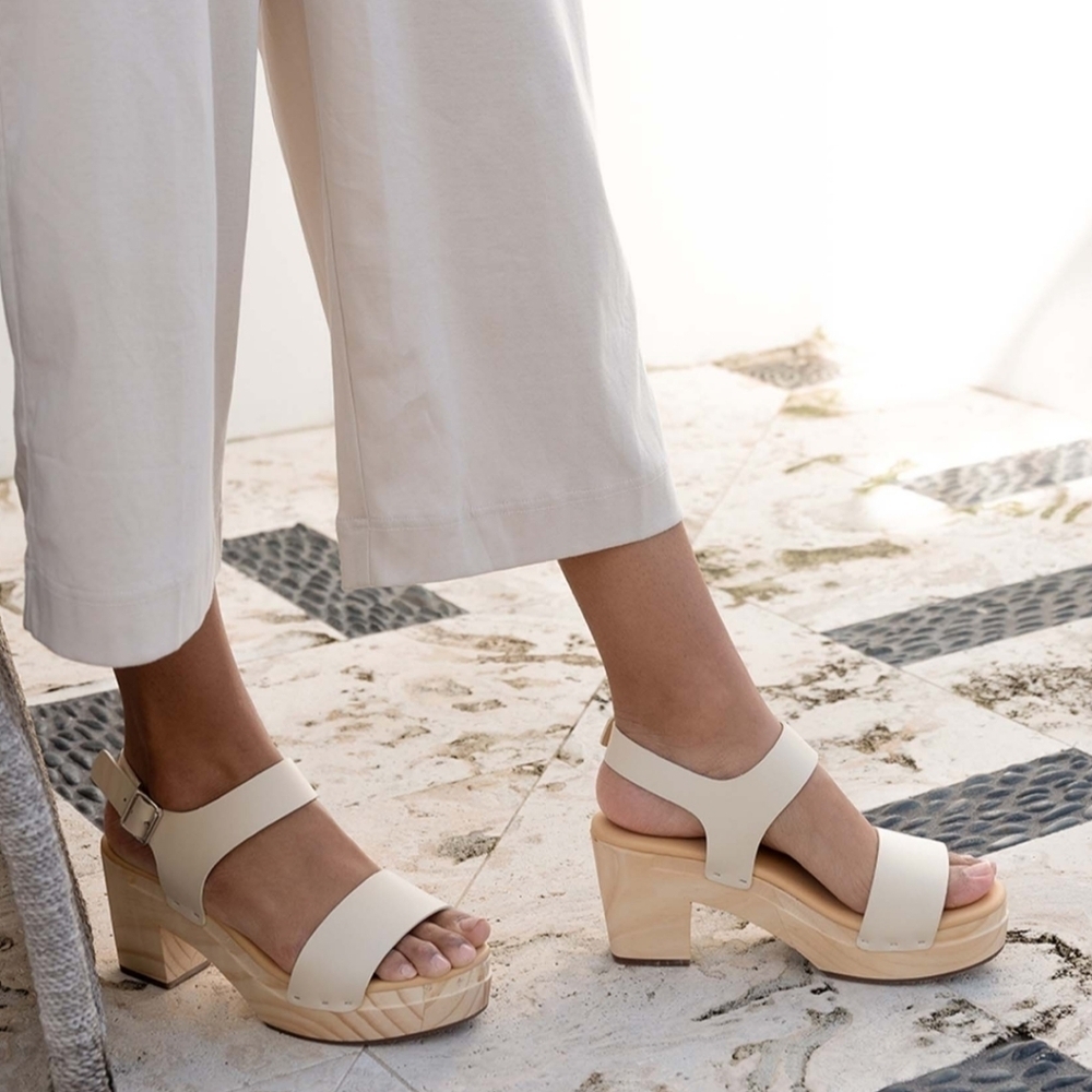 New! Nisolo All Day Open Toe Clog Bone Leather Wood Chunky Platform Sandals